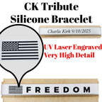 FREEDOM Laser Engraved Silicone Bracelet: Charlie Kirk Tribute, American Flag | V1