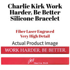 Laser EngravedRed Silicone Motivational Bracelet: Work Harder, Be Better - Charlie Kirk Signature | Work Harder