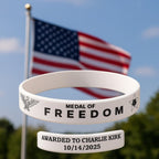 White Laser Engraved Silicone Bracelet – “Medal of Freedom” Eagle & Star Design | Awarded to Charlie Kirk on 10/14/2025 | MOF