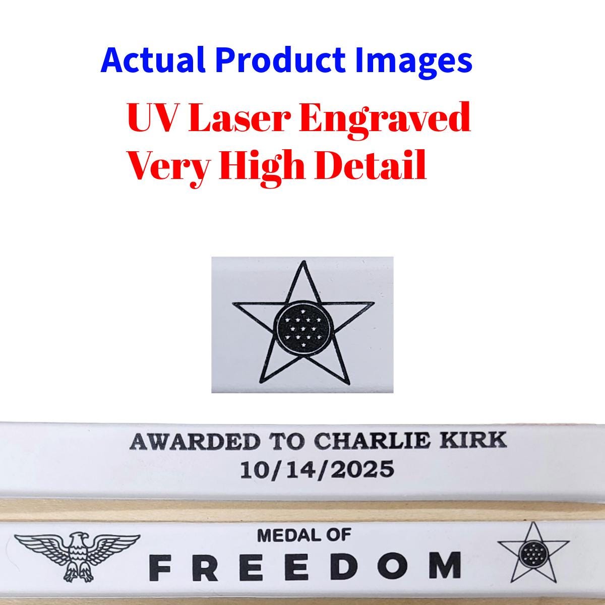 White Laser Engraved Silicone Bracelet – “Medal of Freedom” Eagle & Star Design | Awarded to Charlie Kirk on 10/14/2025 | MOF